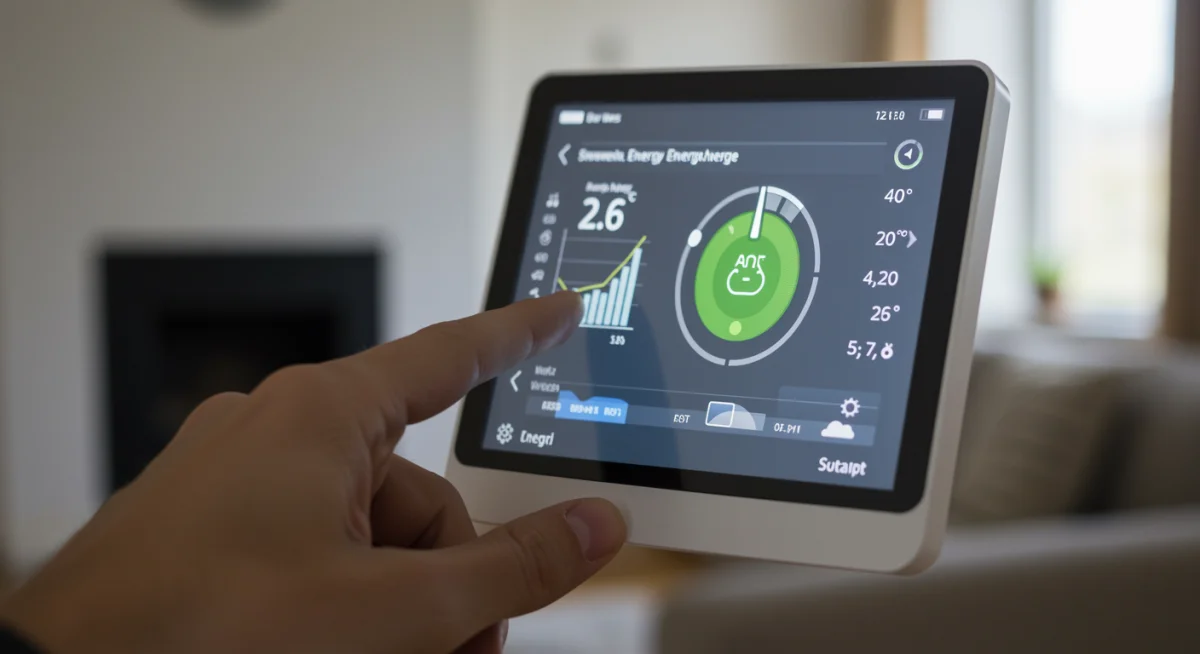 Hand adjusting smart thermostat for optimal energy usage and monitoring.