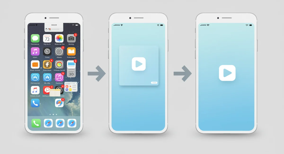 Cluttered phone screen transforming into a minimalist, organized screen with fewer apps.