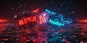 Futuristic digital battlefield with streaming service logos in conflict, representing the 'streaming wars 2026'