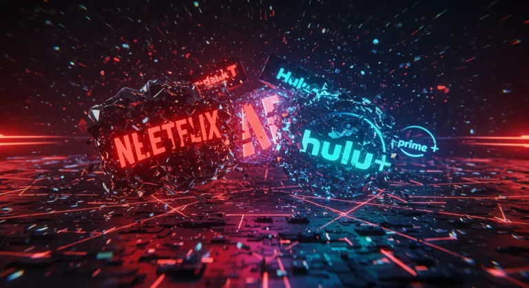 Futuristic digital battlefield with streaming service logos in conflict, representing the 'streaming wars 2026'