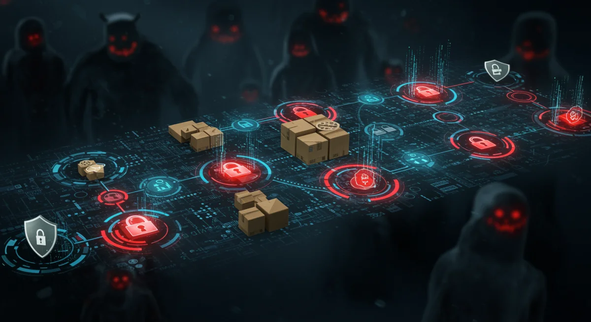 Illustration of a compromised supply chain with vulnerable points and cyberattack vectors