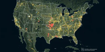 Digital map of US highlighting broadband expansion and connectivity initiatives