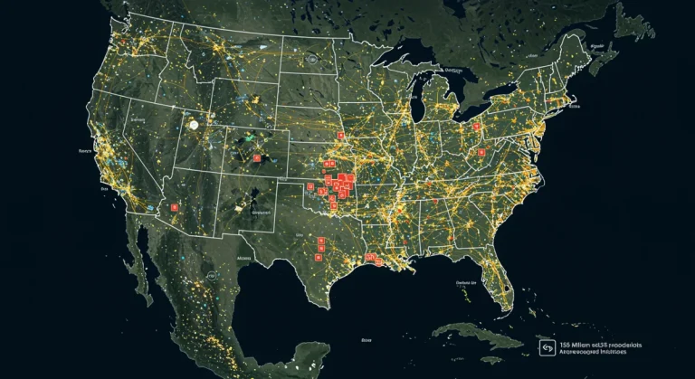 Digital map of US highlighting broadband expansion and connectivity initiatives
