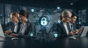 Securing Your Digital Footprint: 5 Steps for US Internet Users Diverse US internet users protecting their digital footprint with cybersecurity icons