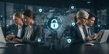 Diverse US internet users protecting their digital footprint with cybersecurity icons