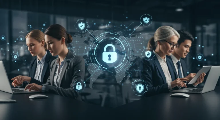 Diverse US internet users protecting their digital footprint with cybersecurity icons