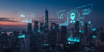 Futuristic cityscape representing US Metaverse Economy with data streams