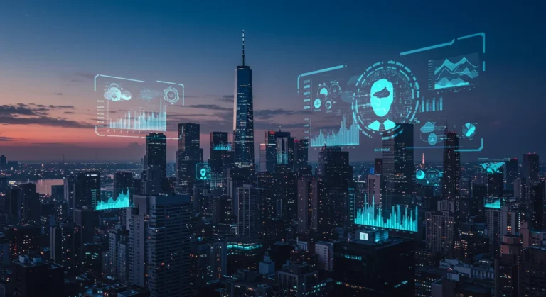 Futuristic cityscape representing US Metaverse Economy with data streams