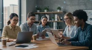 Diverse US professionals collaborating virtually in a modern remote work setting