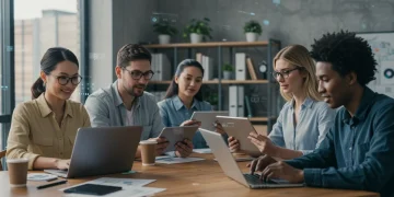 Diverse US professionals collaborating virtually in a modern remote work setting
