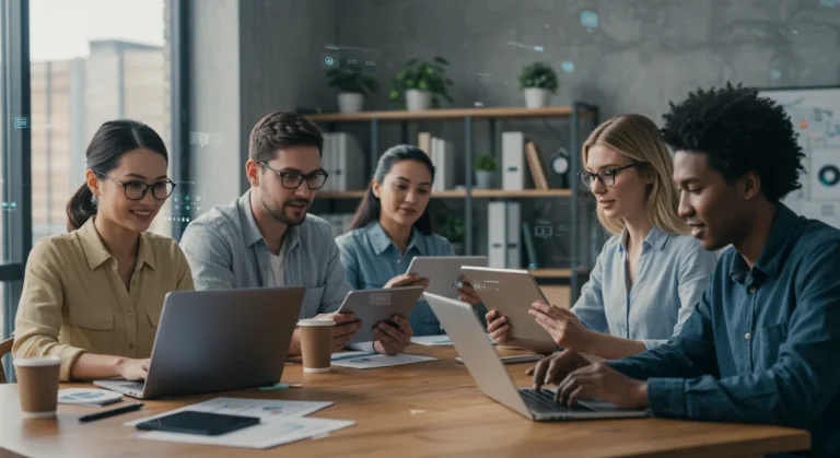Diverse US professionals collaborating virtually in a modern remote work setting