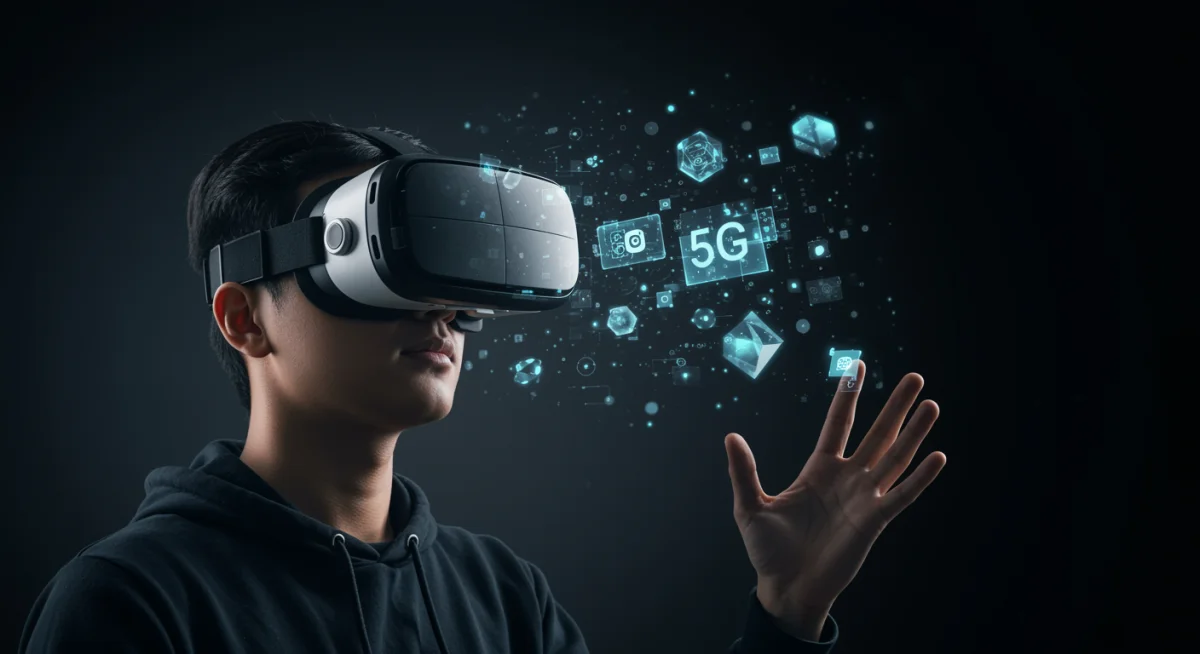 Person wearing VR headset, engaged in a virtual reality experience, showcasing immersive content enabled by 5G.