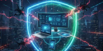 Advanced EDR protection for business endpoints in 2026, showing a digital shield safeguarding devices.