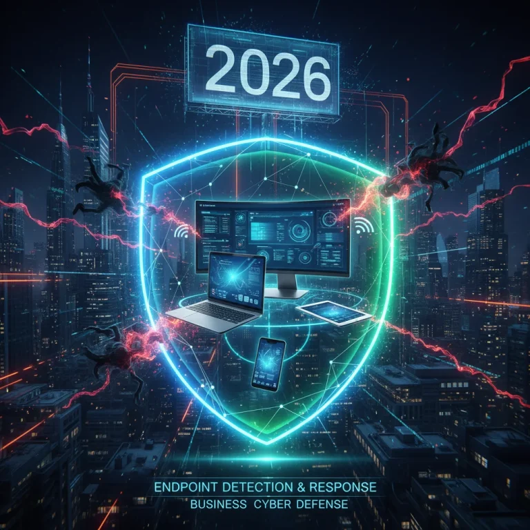 Advanced EDR protection for business endpoints in 2026, showing a digital shield safeguarding devices.
