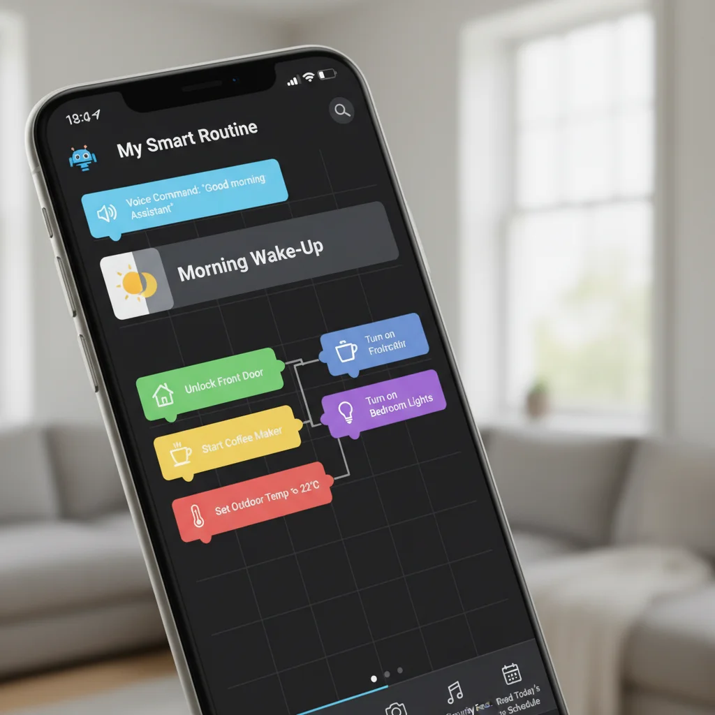 Smartphone screen showing advanced digital assistant routine builder