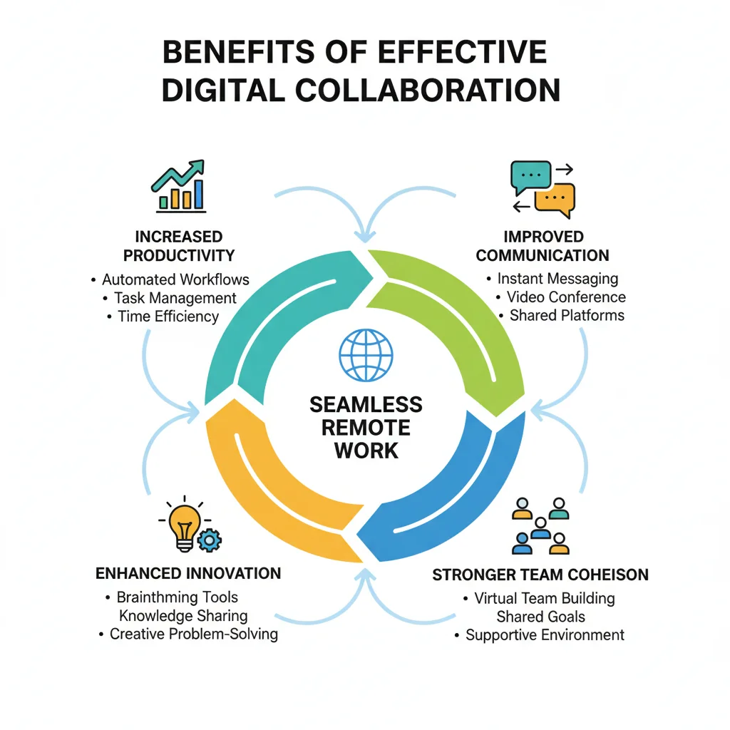 Infographic showing benefits of digital collaboration: productivity, communication, innovation, team cohesion.