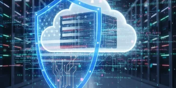 Digital shield protecting a cloud server, symbolizing robust cloud security for U.S. businesses.
