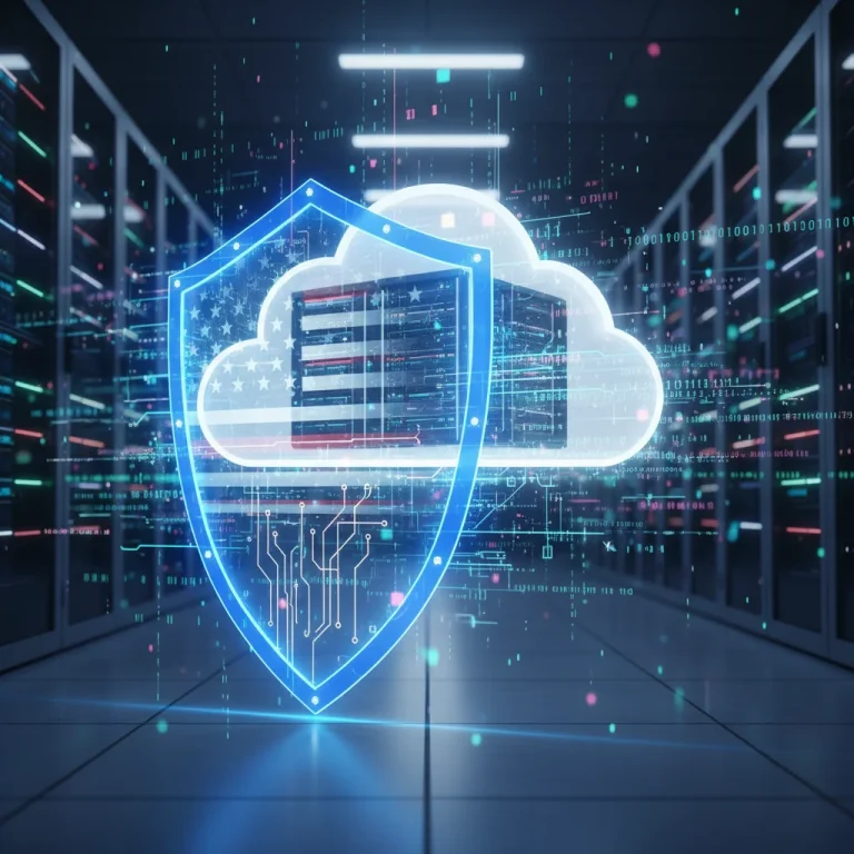 Digital shield protecting a cloud server, symbolizing robust cloud security for U.S. businesses.