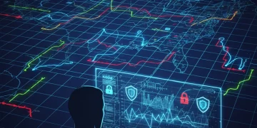 Cybersecurity skills gap illustration with network security and data protection symbols