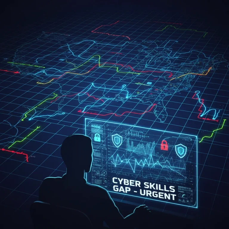 Cybersecurity skills gap illustration with network security and data protection symbols