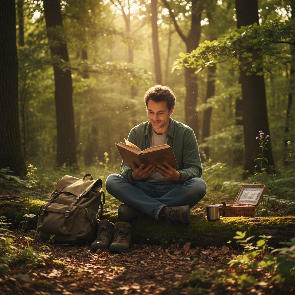 Person enjoying nature, reading a book, demonstrating a digital detox and real-world engagement.