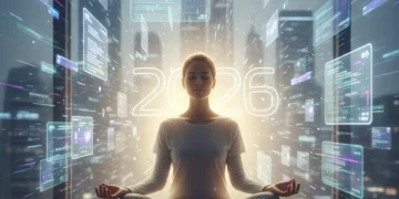 Person meditating, surrounded by blurred digital screens, symbolizing digital wellbeing and focus.