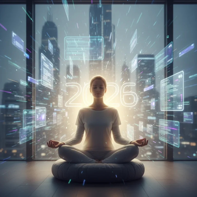 Person meditating, surrounded by blurred digital screens, symbolizing digital wellbeing and focus.