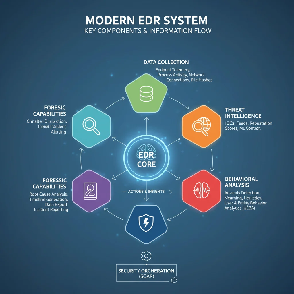 Key components and workflow of a modern EDR system for comprehensive threat detection.