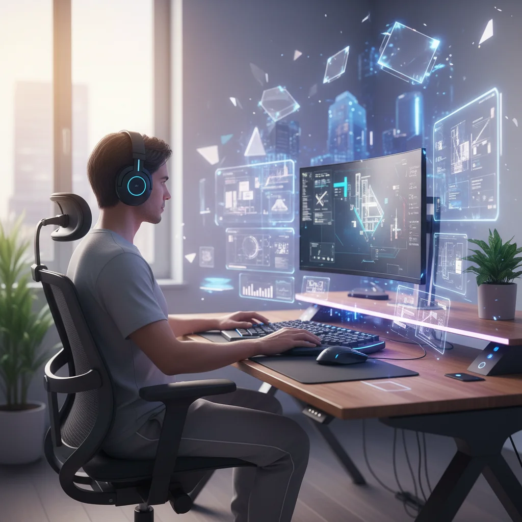 Individual in a home office with noise-canceling headphones, focused on work, with subtle VR elements.
