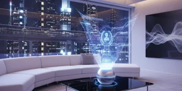 Futuristic living room with holographic digital assistant interface