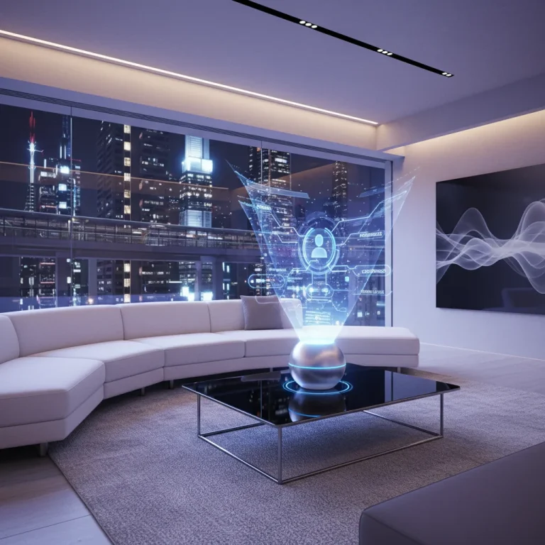 Futuristic living room with holographic digital assistant interface