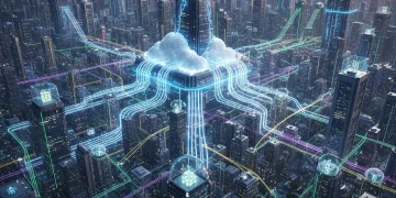 Futuristic digital data flow representing cloud and decentralized storage options.