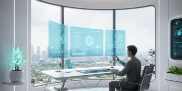 Futuristic home office setup with holographic screens and advanced digital tools for remote work productivity.