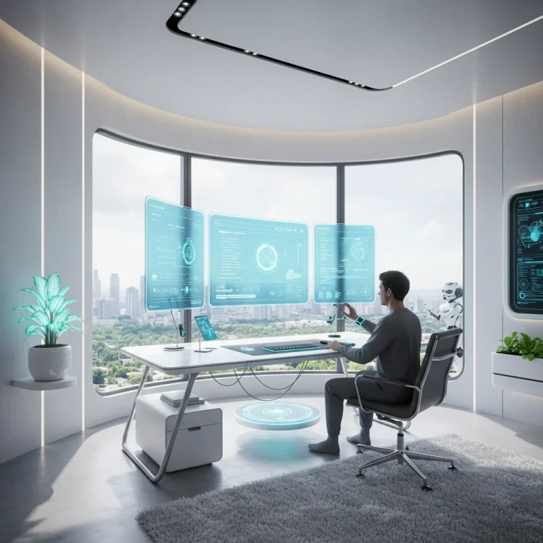 Futuristic home office setup with holographic screens and advanced digital tools for remote work productivity.