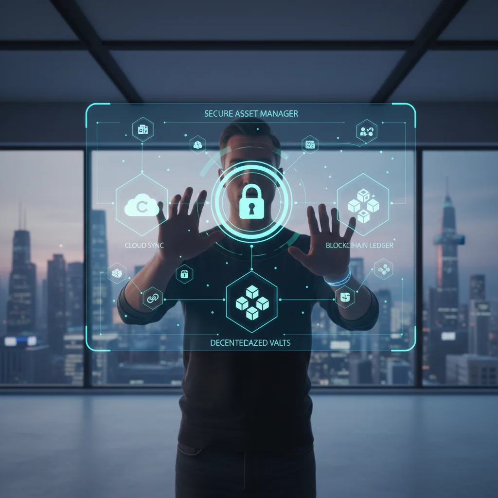 User managing digital assets through a holographic interface.
