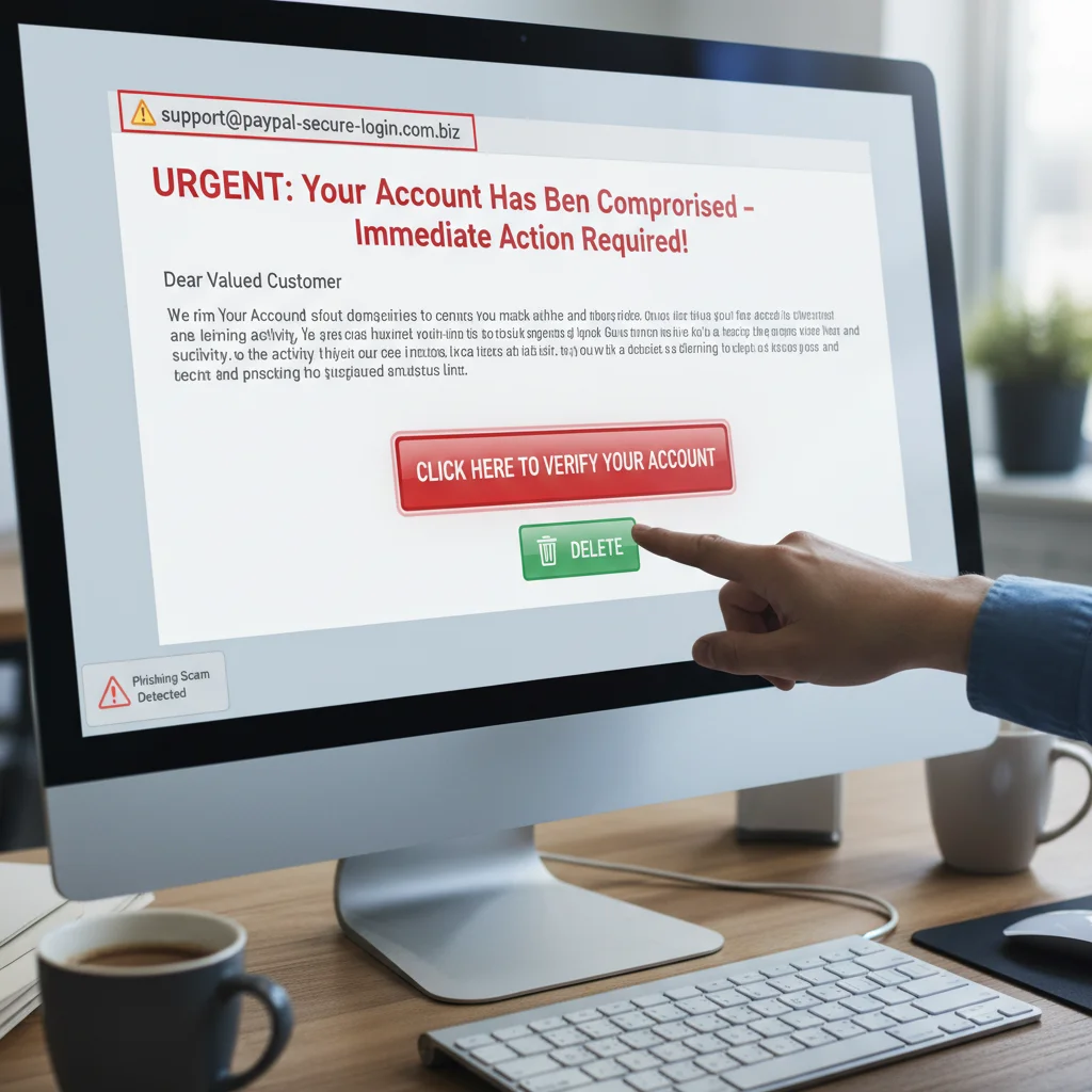 Simulated phishing email on a computer screen, highlighting malicious elements.