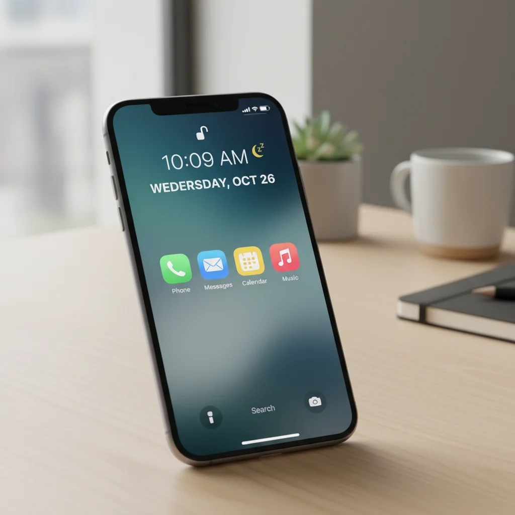 Minimalist smartphone screen with essential apps and 'Do Not Disturb' mode active, promoting digital decluttering.