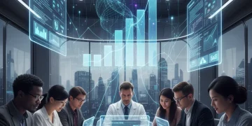 Professionals interacting with personalized learning platforms, illustrating career advancement