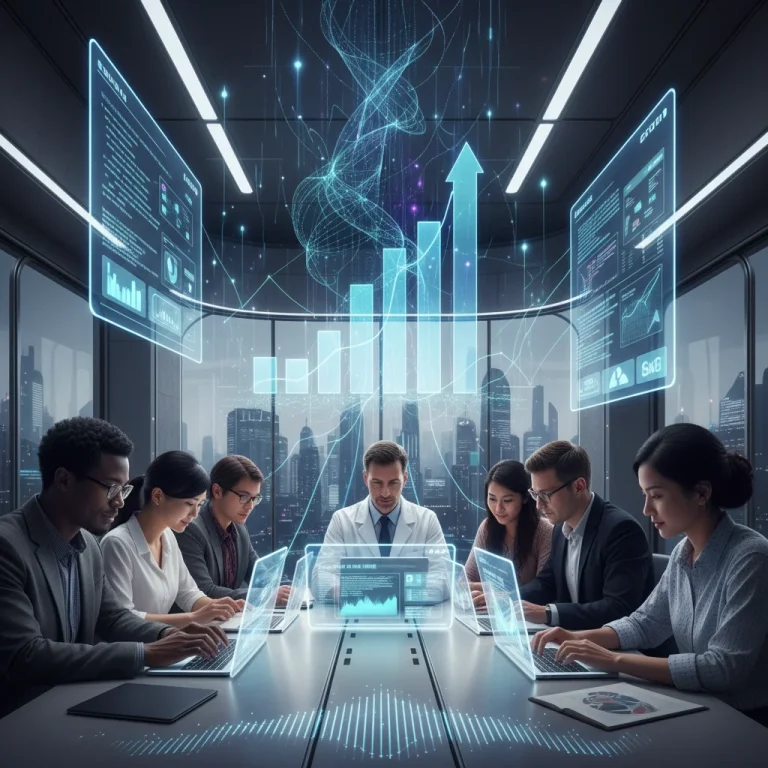 Professionals interacting with personalized learning platforms, illustrating career advancement