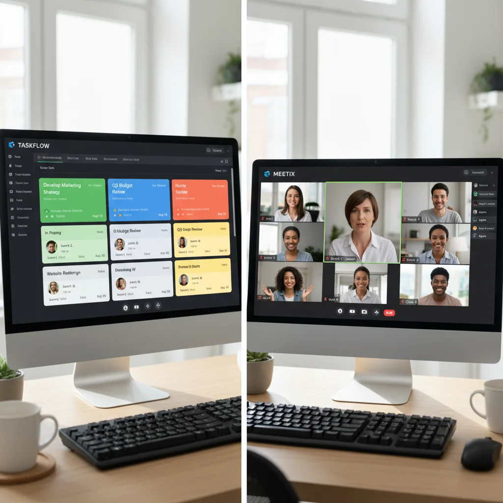Project management dashboard and video conference interface demonstrating digital collaboration tools.
