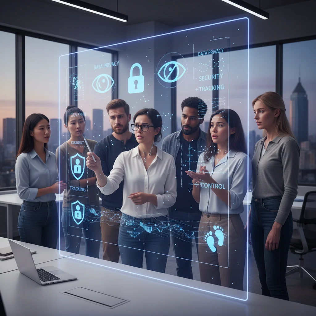 Diverse individuals engaging with data privacy concepts on a transparent screen.