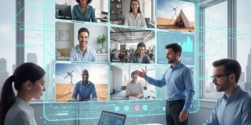 Diverse remote team collaborating effectively using various digital tools on a large screen.