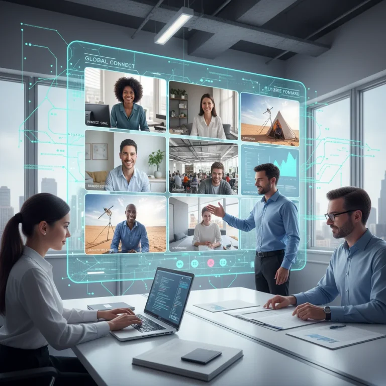 Diverse remote team collaborating effectively using various digital tools on a large screen.