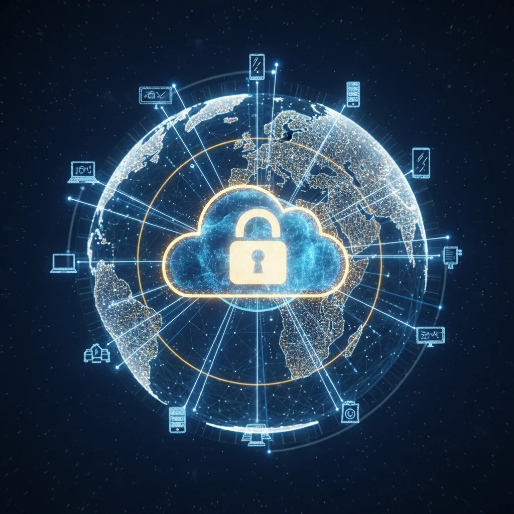 Global network with secure cloud central node, illustrating secure cloud access.