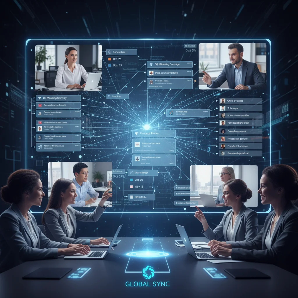Diverse team collaborating virtually on a project management dashboard, showcasing global teamwork.