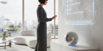Woman using smart speaker for voice search in modern home