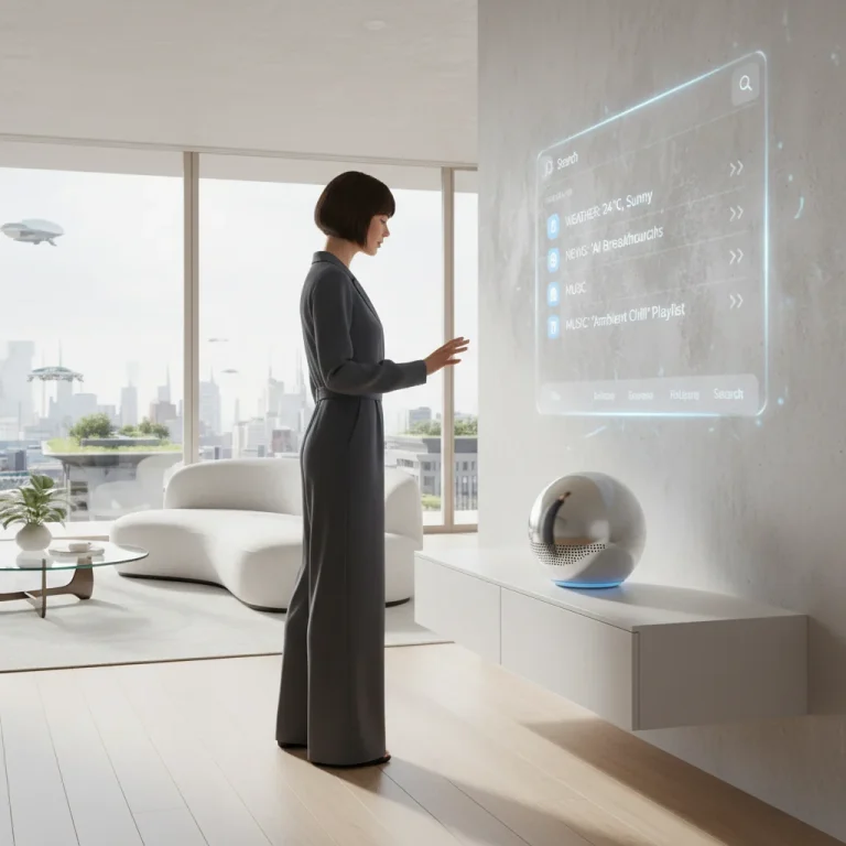 Woman using smart speaker for voice search in modern home