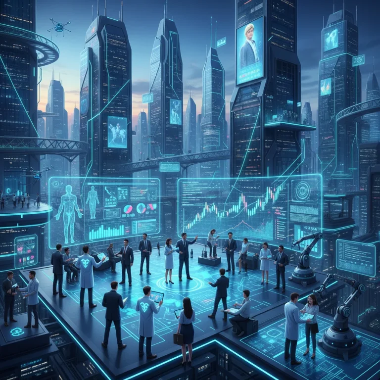 AI transforming US job market, professionals collaborating with technology