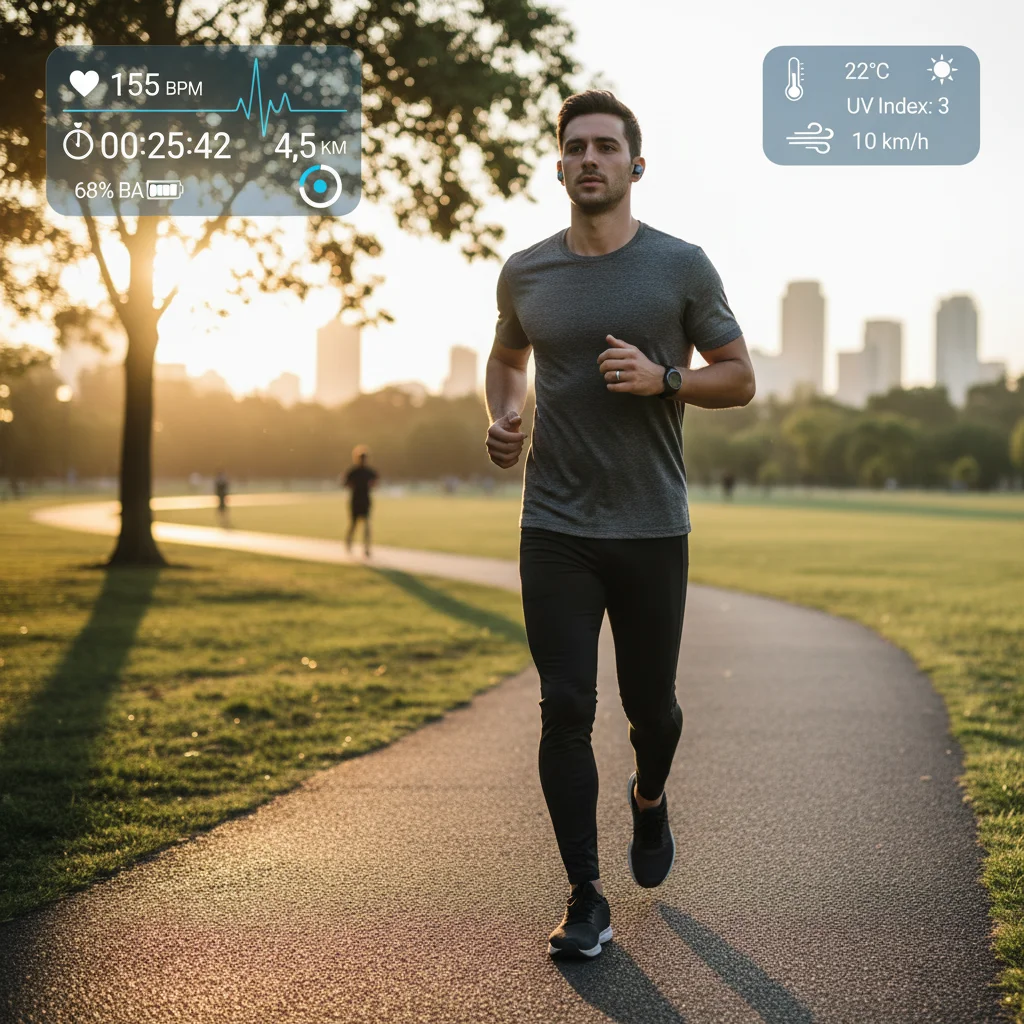 Athlete using smart ring and earbuds for fitness tracking
