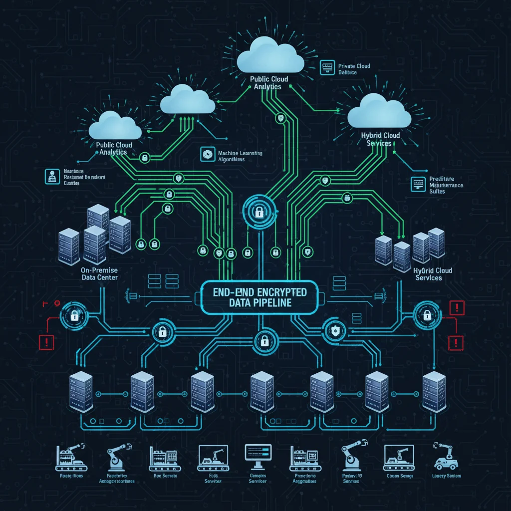 Complex network diagram showing secure data flow in a business IoT environment with encryption and security checkpoints.